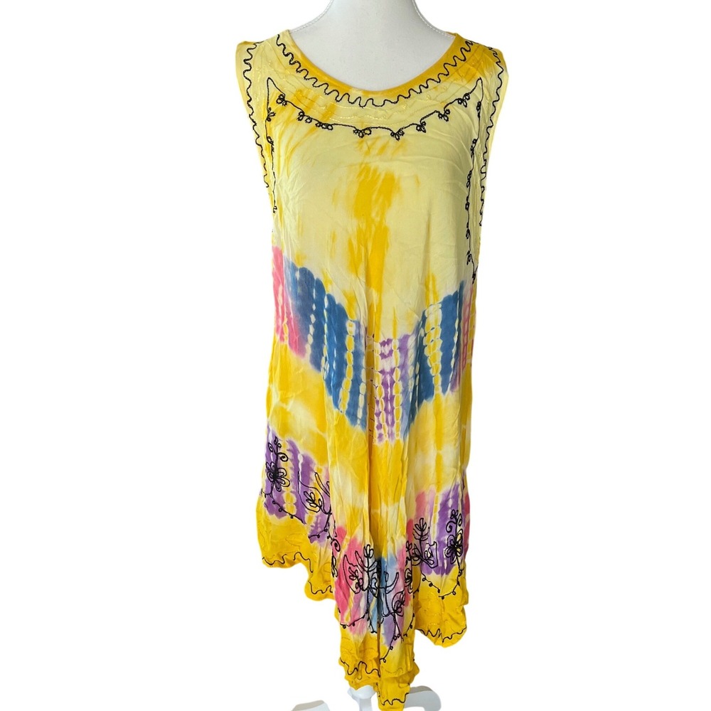 Sante Classics Yellow Tie Dye‎ Embroidered Sharkbite Hem Rayon Dress One Size